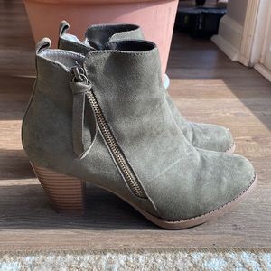 Ankle booties olive zipper detail wide width faux suede wooden block heel